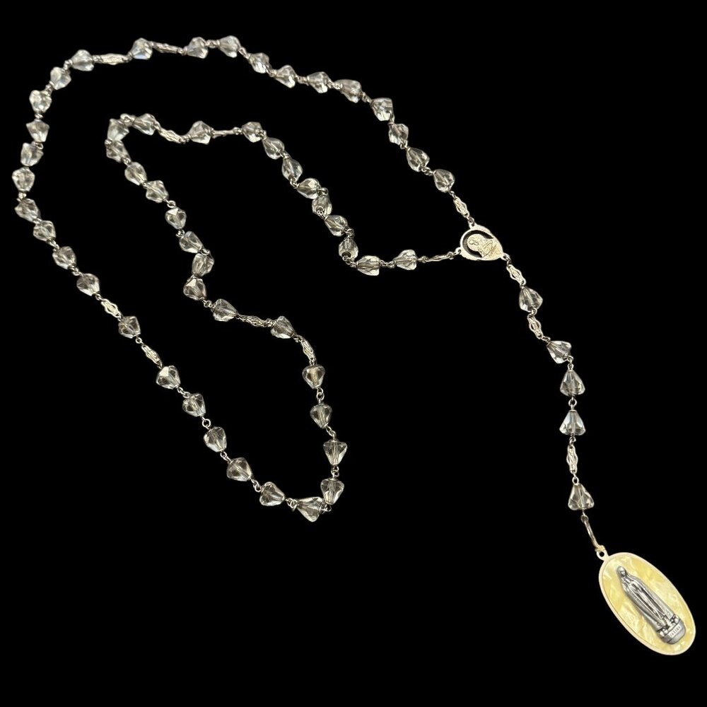 Vintage Religious Rosary Virgin Mary Mother of Pearl Clear Acrylic Germany